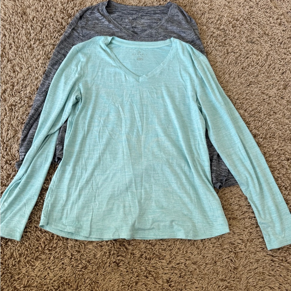 Danskin Long Sleeve V-Neck Tops - Light Blue and Dark Gray